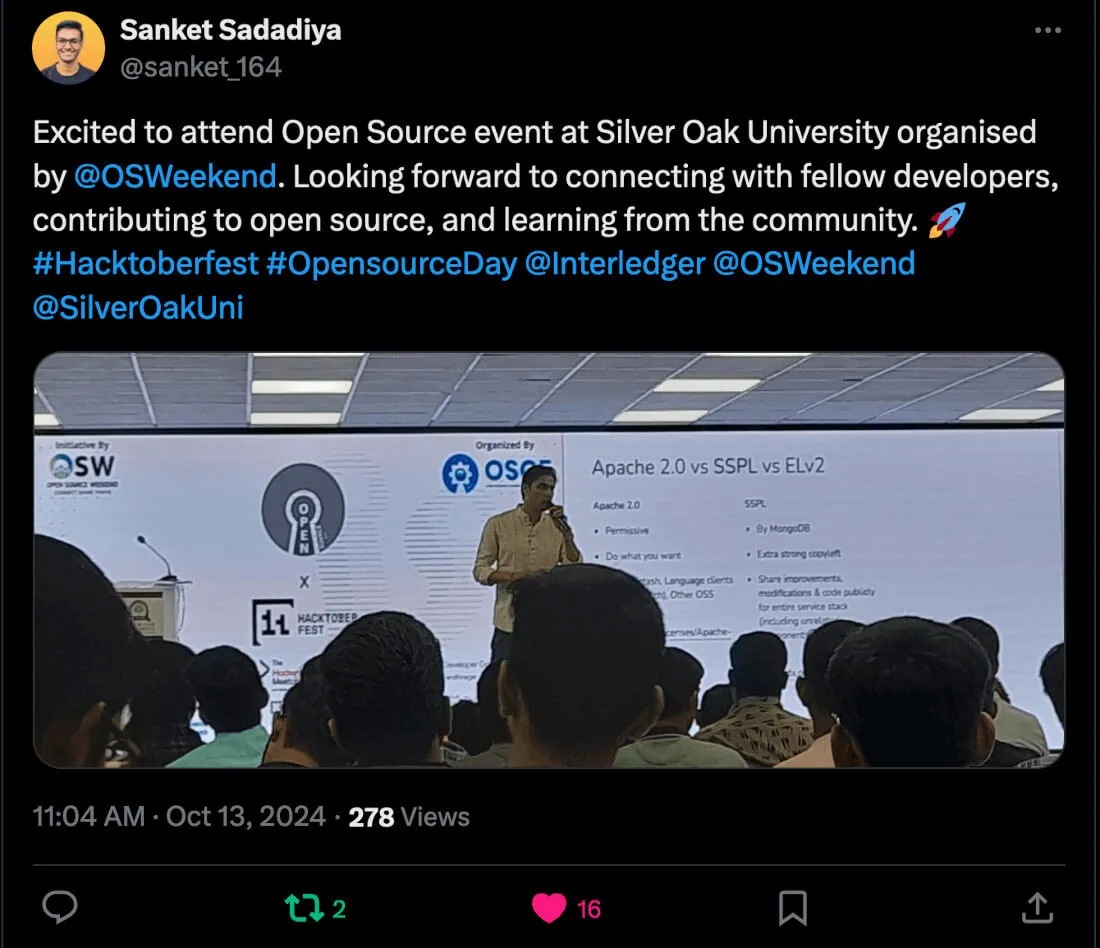 A social media post expressing excitement about attending the Open Source event at Silver Oak University as part of Hacktoberfest