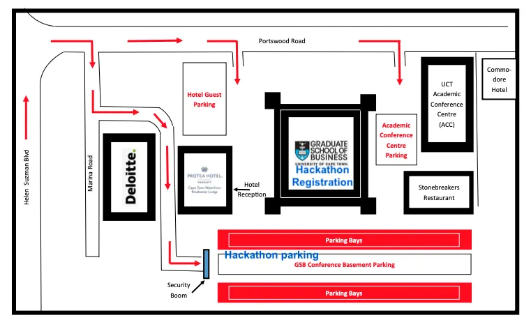 A map of access and parking at the UCT Graduate School of Business